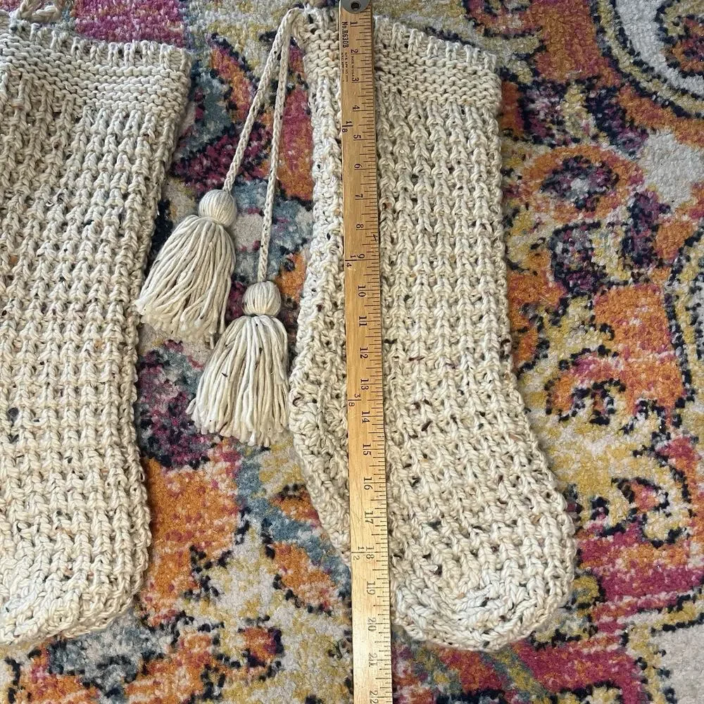 Hearth & Hand Magnolia Beige Colorful Specks Knitted Stocking Tassels Christmas